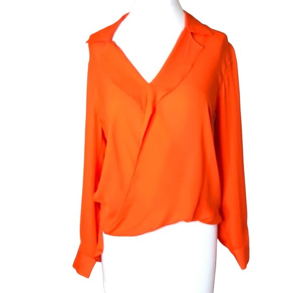 L'AGENCE Tops - L'Agence Rita Draped Faux Wrap Silk Carrot Orange Blouse Top